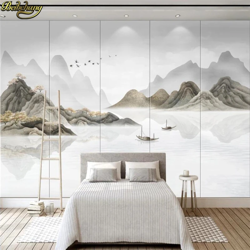beibehang Custom wallpaper hand-painted landscape painting light gray Chinese TV background wall painting papel de parede 3d