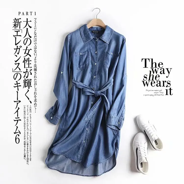 

Sf1011-526-WOMEN'S Dress Spring New Style Waist Hugging Pocket Long Sleeve Tencel Computer Cable Lock
