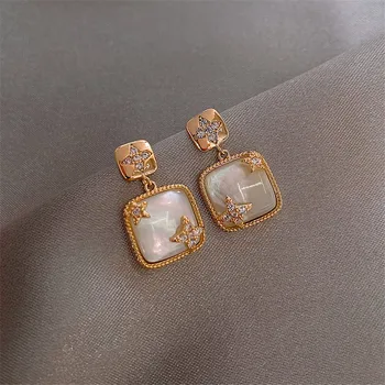 

Classic Fashion Square Natural Opal Gold Pendant Earrings for Woman New Luxury Statement Earrings Jewelry Accessories Gift