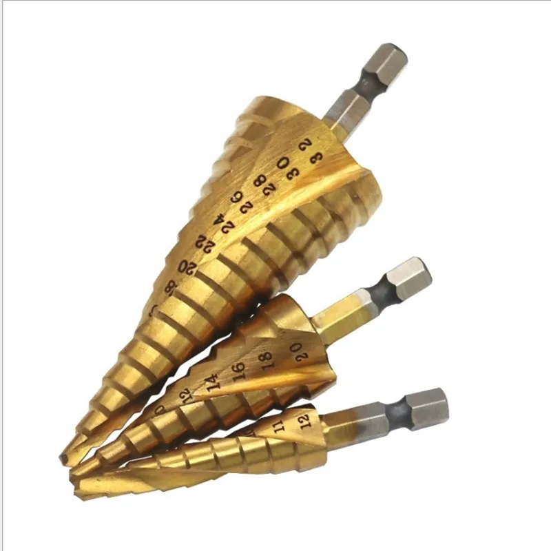 

Spiral Groove Step Bit Set 4-32,4-20,4-12mm Titanium Plated Hexagonal Shank Reaming Drill Pagoda Drill