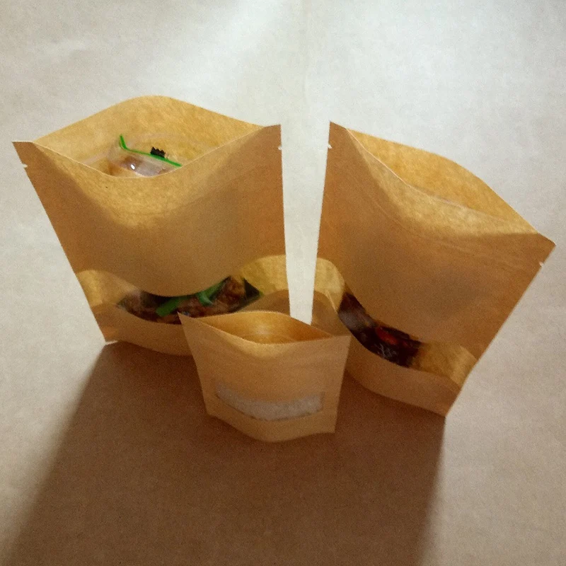 Hot Sale 100Pcs Zipper Kraft Paper Bag Kraft Paper Bag Gift Ziplock Bag with Window Stand Up Bag