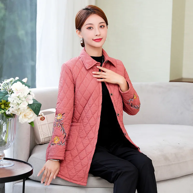 

Autumn And Winter New Style Middle-aged Women's Padded Casual Embroidery Coat Large Size Middle-aged Women Dress Mid-length Cott