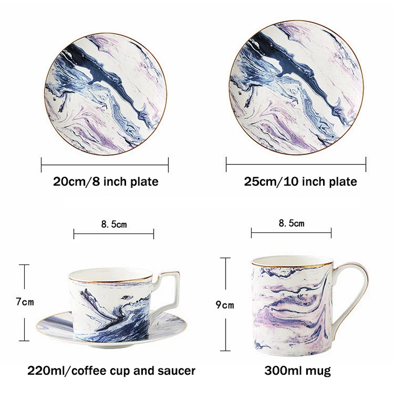 Фиолетовый мраморный набор посуды золотистый керамический кружка тарелка для ужина блюда из пасты послеобеденный чай салат десертная тарелка кофейная чашка блюдце