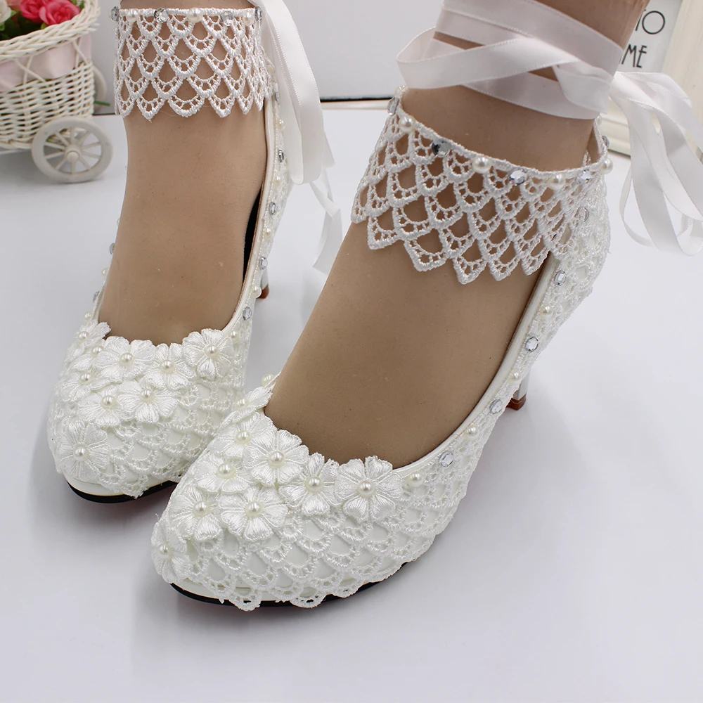 Sorbern Fish Scale Lace Wedding Pump Shoes High Heel Lace Ankle Strap