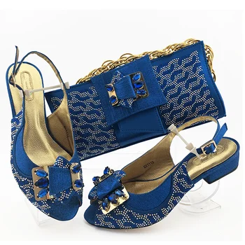 

wedding/party royal blue medium heel African lady shoes and purse bag sets with rhinestones MM1112, heel height 3.8cm