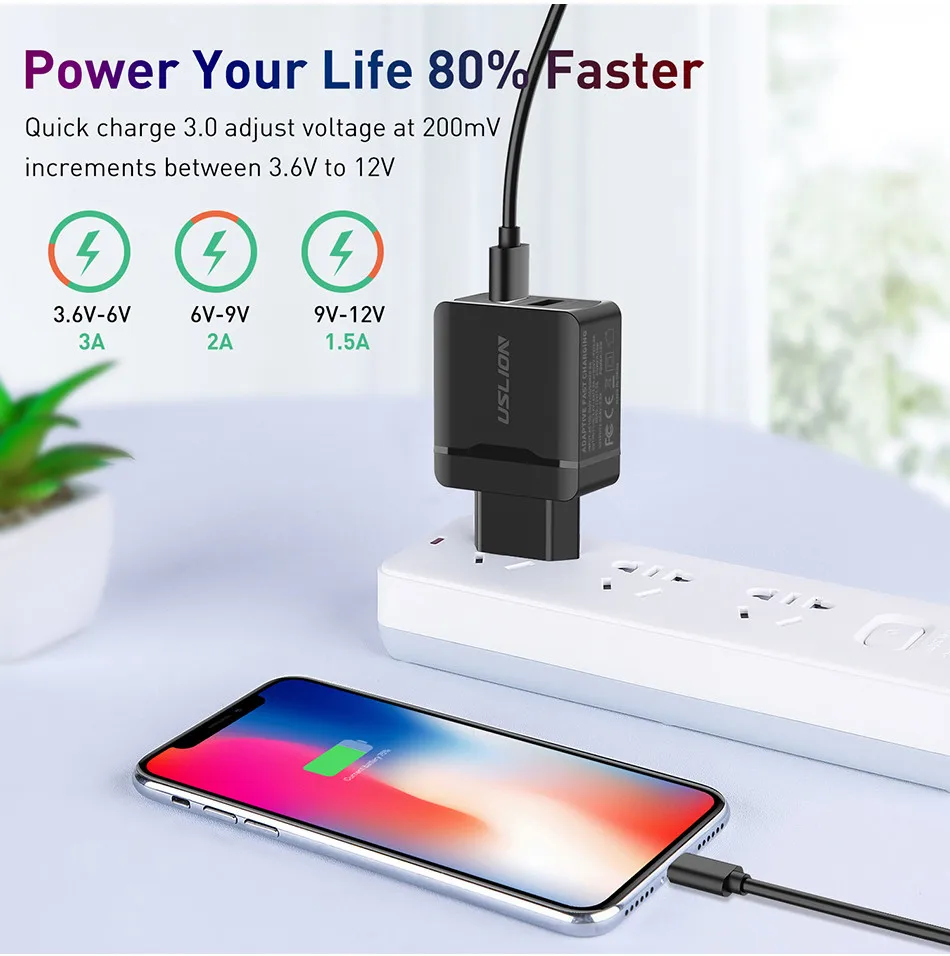 USLION EU Plug Dual USB зарядное устройство Быстрая зарядка 3,0 зарядное устройство для быстрой зарядки мобильного телефона s для iPhone XS X samsung Galaxy S9 S10 Plus