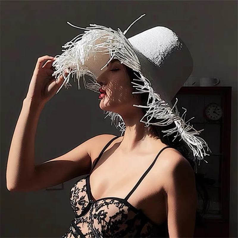 Женская шапка оверсайз Lager Brim 18-20 см с кисточками, пляжные шляпы, складные солнцезащитные козырьки, Женская белая черная бумажная соломенная Кепка s