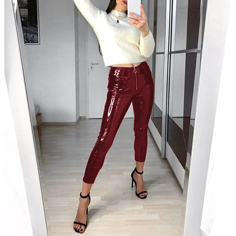 Cena Spodnie damskie winylu wygląd na mokro błyszczące pcv rozciągliwe spodnie Disco kobiet spodnie skinny fit zamek ołówek spodnie