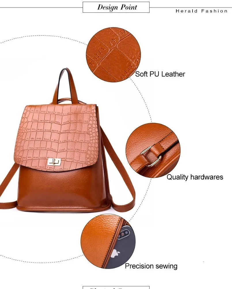 Herald Fashion Women Backpack High Quality Leather Shoulder Bag Girl's Student Bag Female Large Capacity Multifunctional Bag