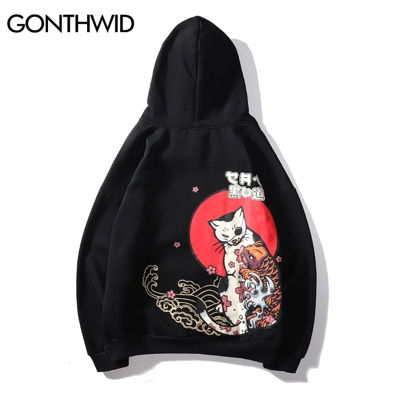 GONTHWID Harajuku Японский тату Кот печати флисовые толстовки для мужчин хип-хоп пуловер с капюшоном толстовки Повседневная Уличная Толстовка для мужчин
