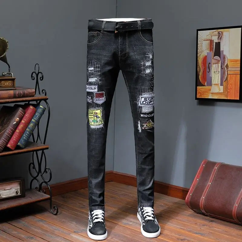 

New Chinese fashion brand embroidered patch jeans men's slim feet pants black embroidered men's casual long pants demin men jean
