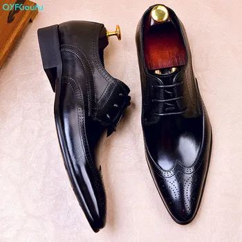 

QYFCIOUFU 2020 Newest Men Dress Shoes Wedding Business Office Lace-Up Genuine Cow Leather Shoes Men's Flat Party Oxford Shoes