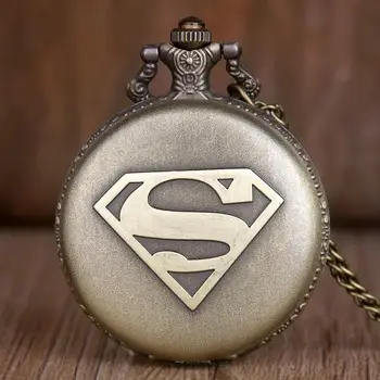 

New Vintage Bronze Case Marvel Superhero Superman Theme Quartz Pocket Watch Fob Watch With Fob Chain for Men Women CF1064