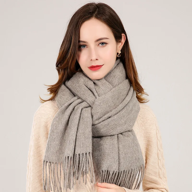 Winter Real Wool Scarf Women Echarpe Brand Tassel Shawl and Wraps Warm Foulard Pashmina Solid Beige Pure Wool Scarves - Цвет: Brown Coffee