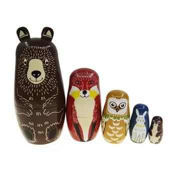 

New Wooden Matryoshka Russian Doll Handmade Stacking Bear Fox- Toy Set 5 Pcs for Kid