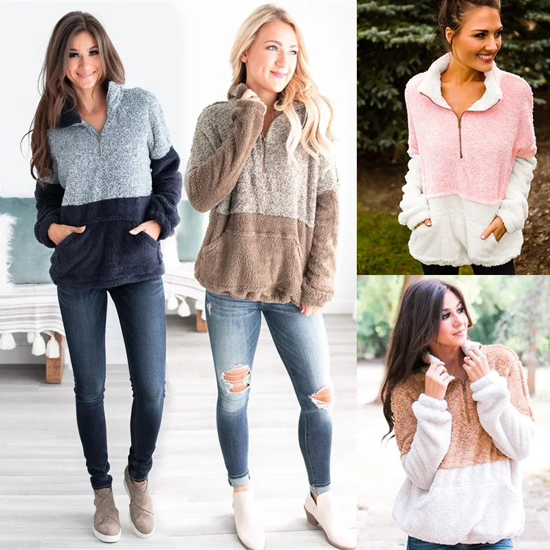 

Womens Winter Fashion Elegant Women's Long Sleeve Fleece Sweatshirt Elegant Warm Zip Patchwork Fuzzy Hoodie Pullover