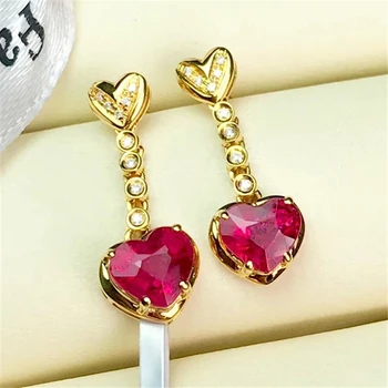 

New Heart Shape Natural Ruby Gemstone 14K Gold Garnet Earring for Women Aretes De Mujer Bizuteria Wedding Drop Earrings Jewelry
