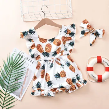 

Newborn Infant Baby Girls Sleveless Ruched Pineapple Romper + Headbands Outfits
