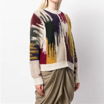 

Women Rainbow Stripes Sweater 2019 Autumn Winter Fashion Round Neck Color Block Knitted Pullover Winter Christmas Sweater Jumper