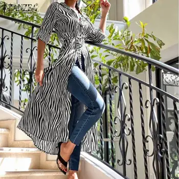 

ZANZEA 2020 Spring Summer Dress Women Long Sleeve Turn Down Collar Stripe Buttons Slim Belt Long Maxi Shirt Dresses Vestidos
