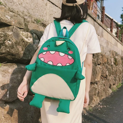 Женский рюкзак с изображением динозавра из мультфильма, милые высококачественные женские холщовые рюкзаки Harajuku, дорожные сумки для книг, женские школьные рюкзаки, кошелек - Цвет: green