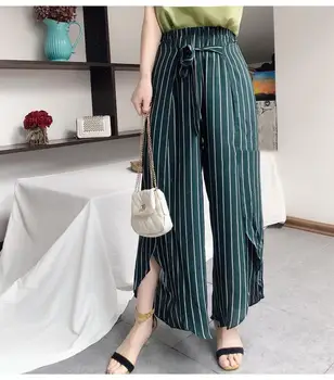

100% Natural Silk Striped Wide Leg Pants New Women Spring Summer loose casual Green Trousers Silk Long Pants for Women