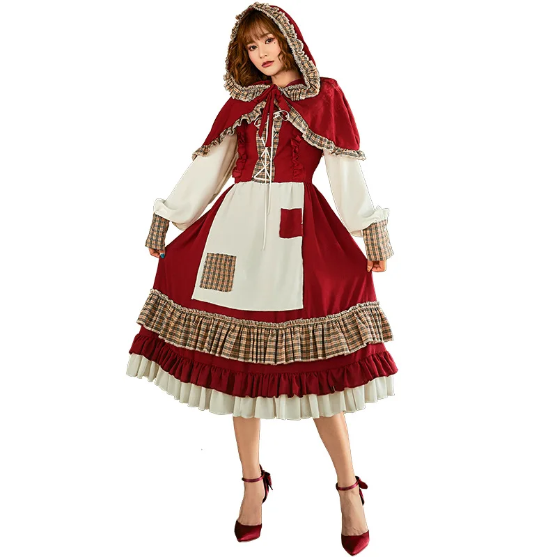 

Lace Patch Lolita Little Red Riding Hood Long Dress Cosplay Costume Suit With Cape for Girls Woman Party Costumes