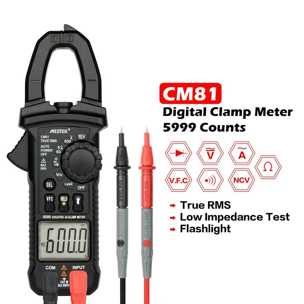 

MESTEK CM81 Digital Clamp Meter True RMS Multimeter 5999 Counts AC/DC Volt Amp Ohm LowZ NCV Diode Tester with Flashlight Sale