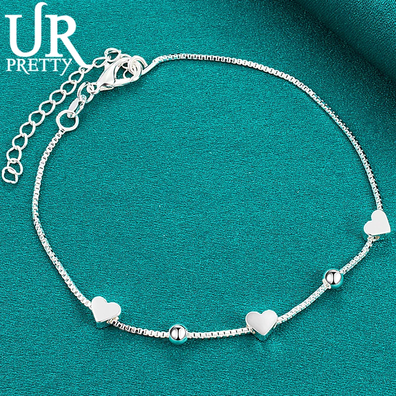 

URPRETTY 925 Sterling Silver Solid Love Heart Round Ball Chain Bracelet For Man Women Wedding Engagement Charm Party Jewelry