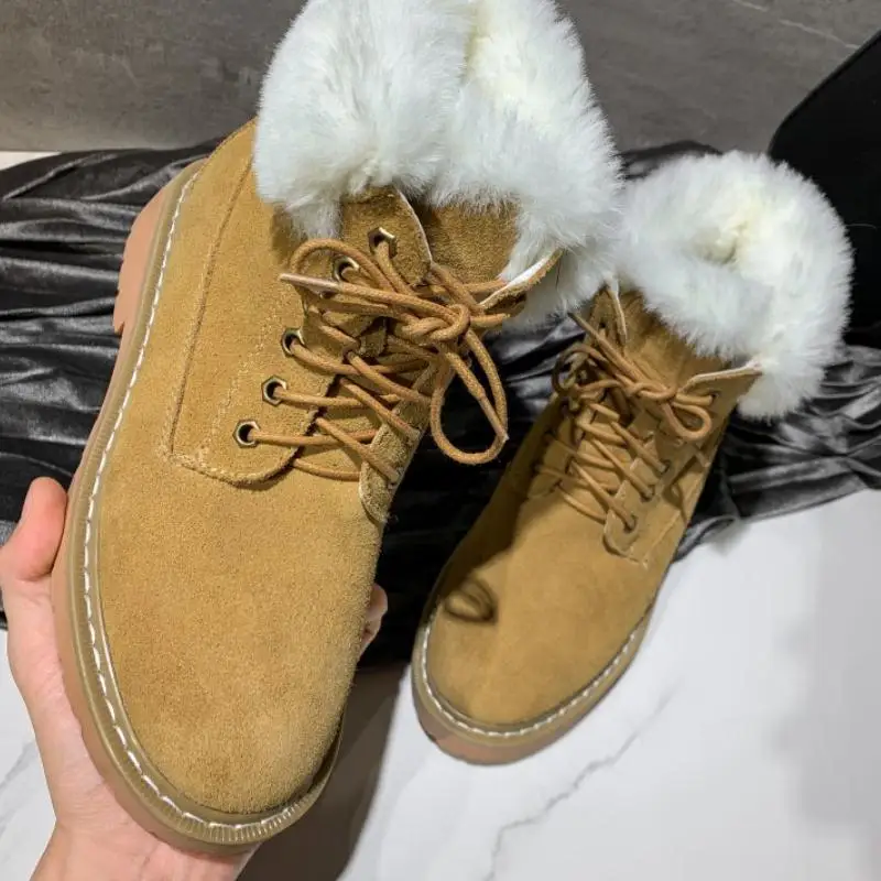 RIZABINA Women Ankle Boots Real Leather Lace Up Winter Keep Warm Plush Fur Flats Shoes Women Casual Snow Boots Size 34-39