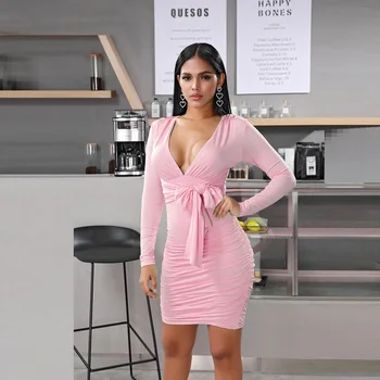 

2019 Pink Mint Green Long Sleeve Women Dress Sexy V Neck Bodycon Fashion Ruched Sashes Elegant Summer Mini Wrap Dresses Party