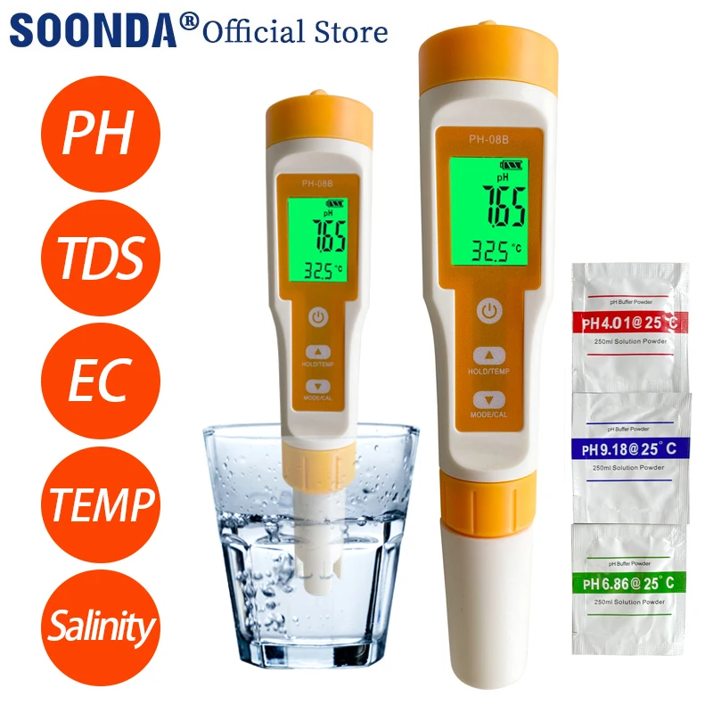 

5 in 1 Water Quality Detector PH Meter PH Tester EC TDS Meter Salinity Meter Salinometer Monitor