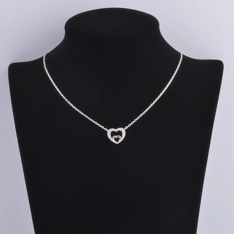 Pekurr 925 Sterling Silver Hollow Double Heart Necklaces For Women Pandents Cubic Zircon Silver Chain Romantic Fine Jewelry Gift