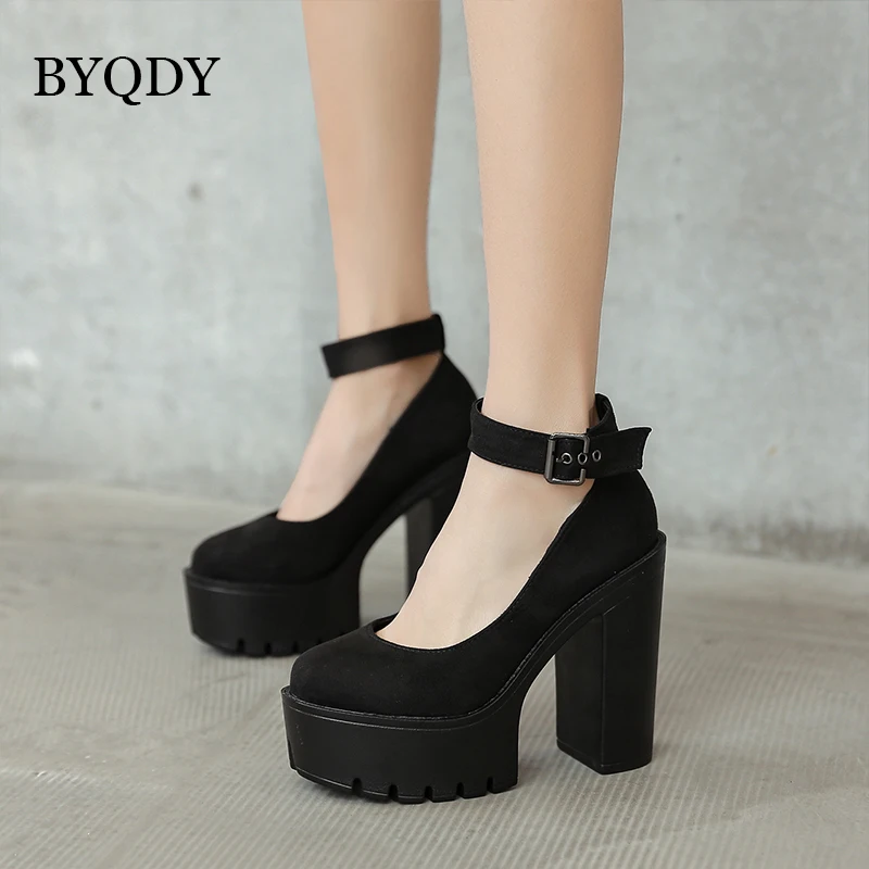 

BYQDY Gothic Women Mary Jane Platform Pumps Ankle Strap Thick 13cm Round Chunky Heel High Heels Dress Buckle Shoes Cover Heels