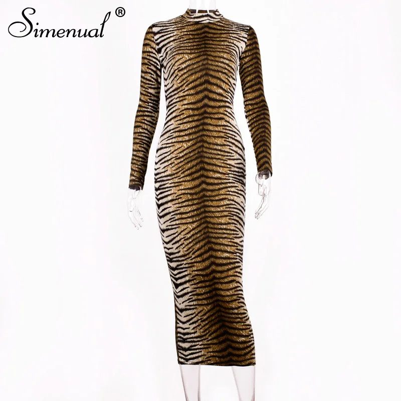 tiger print Simenual, сексуальные, модные, с принтом зебры, женские платья макси с длинным рукавом, осень, обтягивающие, вечерние, Клубная одежда, хит, облегающие платья, распродажа - Цвет: tiger print