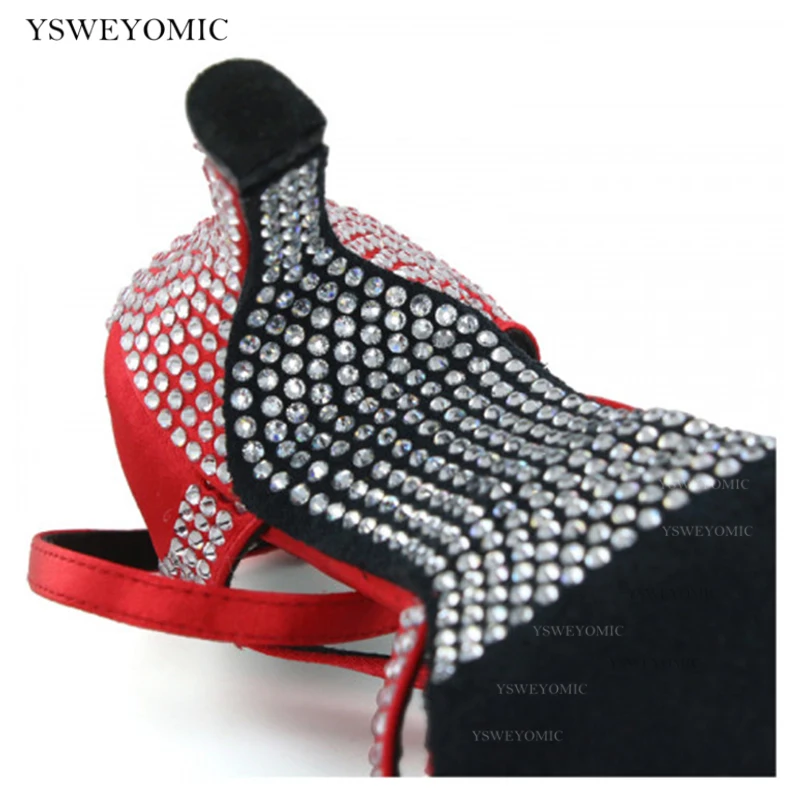 Women Dance Shoes Latin Woman Ballroom Latino Dancing Shoes Party Sandals Red Rhinestion Outsole Bachata Salsa Dance-shoes