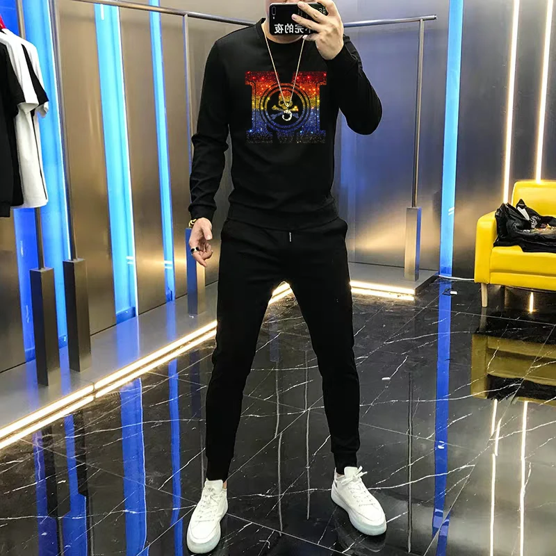 Hoody + Sweatpants Two-Piece Track Suit Sportswear Winter Men's Hoodie Cotton Thickened Hot Diamond Letter Lovers