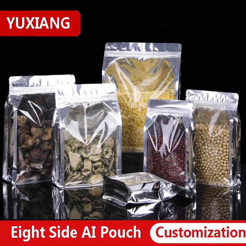 Aluminum Foil Eight Side Packaging Bags with Zip Lock Self-Standing Pouch Customization Logo Printing Food Snacks Nuts