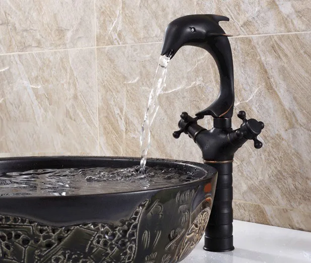 Черный Масло втирают бронзовая античная латунь животное Дельфин стиль кухня Мокрый Бар Ванная комната сосуд поворотный кран для раковины