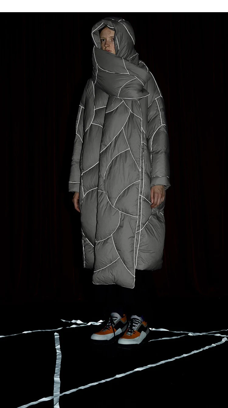 IRINACH48,, новая коллекция, светоотражающая полоска, толстая, теплая, оверсайз, длинная, с капюшоном, женская, белая, на утином пуху, зимняя куртка, пальто