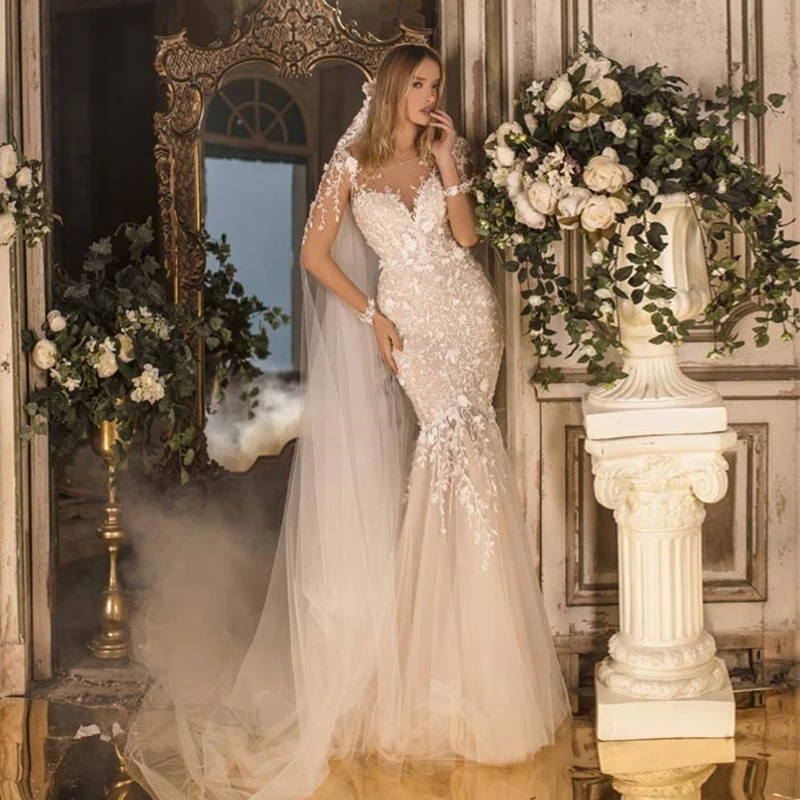 

2020 Spring Garden Jewel Long Sleeve Champagne Mermaid Wedding Dress Bridal Gown Free Gift Veil