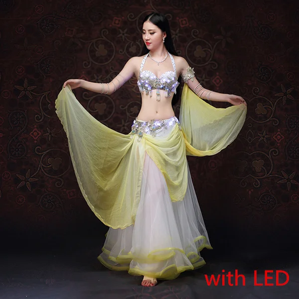 with LED Одежда для сцены и танцев, светодиодный костюм для танца живота, одежда для восточных танцев, костюм с бусинами, бюстгальтер, юбка, светодиодный костюм - Цвет: with LED