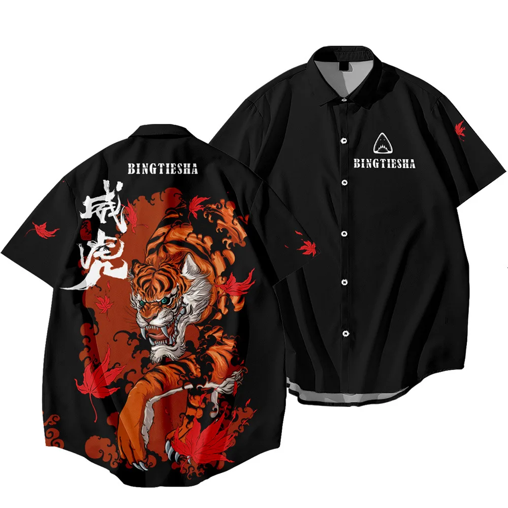 

Man Button Black Tiger Print Shirt Fashion Blouse Summer Short Sleeve Loose Turn-down-collar Blouses