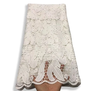 

Latest WHITE African Embroidery Tulle Lace Fabric 2020 High Quality French With Rhinestones 5 Yards for Party Wedding Dress A001
