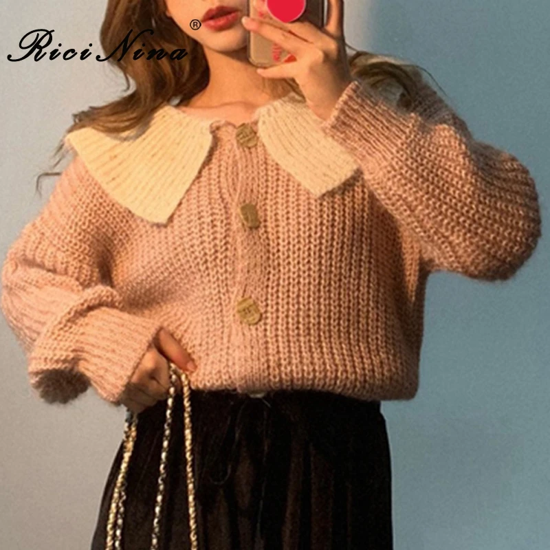 RICININA Knit Sweater Women Long Sleeve Peter Pen Collar Buttons Patchwork Casual Elegant Cardigan Winter Spring |