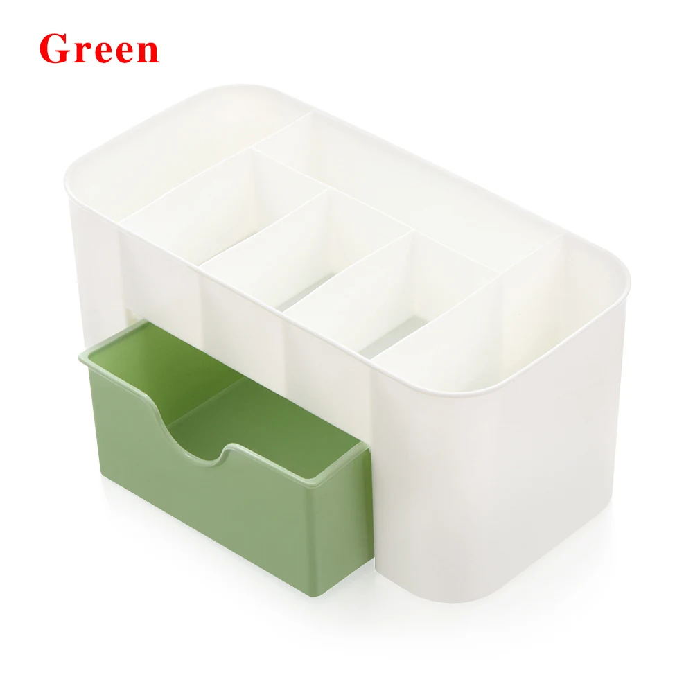 Hot New Pink Blue Green Plastic Makeup Organizer Make Up Brush Storage box with Drawer Cotton Swabs Stick Storage case escritori - Цвет: Green