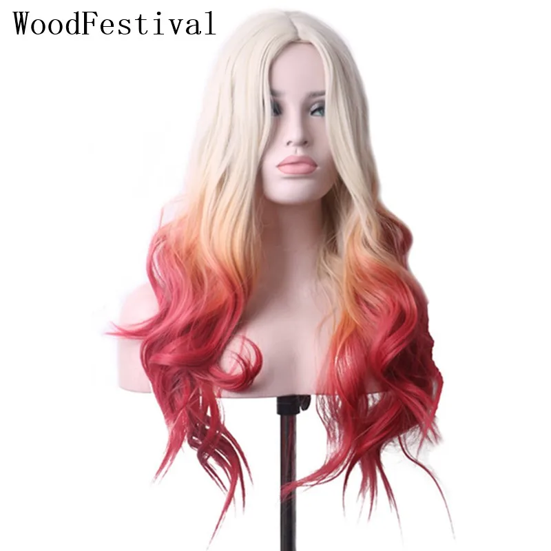 

WoodFestival Ombre Hair Synthetic Wig Three Tone Red Blonde Long Wavy Cosplay Wigs for Women Heat Resistant