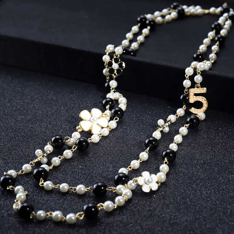 High Quality Women Long Pendants Layered Pearl Necklace Collares de moda Number 5 Flower Party Jewelry