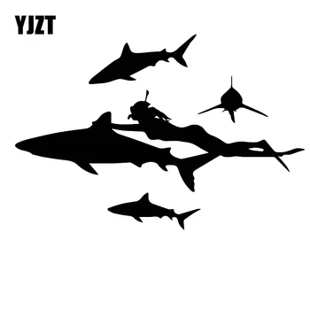 

YJZT 13CM*19.2CM Deep Sea Adventure Diving Dangerous Shark Car Personality Sticker Hot Decal Black/Silver C30-0540