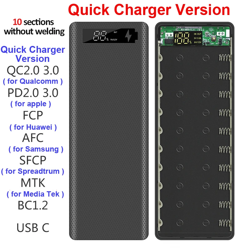 18650 Battery Storage Box Power Bank Case 10*18650 PD QC3.0 Quick Charge